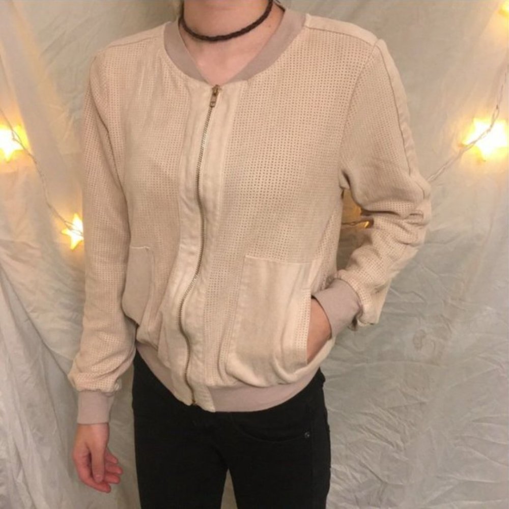Alythea Beige Faux Suede Bomber Jacket
